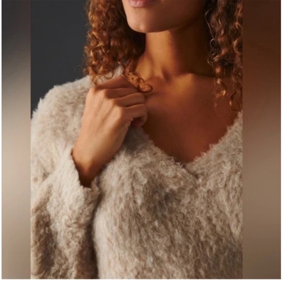 Anthropology Maeve Plush V-Neck Pullover Sweater- X-Small- Tan - Picture 2 of 9